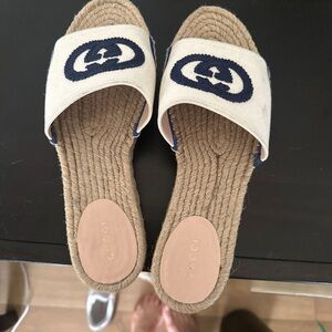 Gucci Women's Tan and Navy Espadrille Sandals